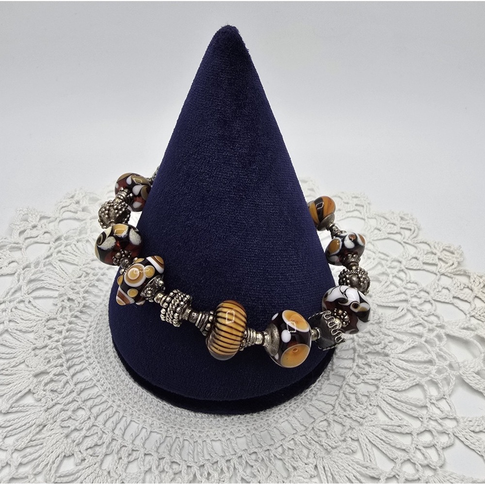 Vintage Lampwork Bracelet Glass Beaded  Silver tone 7"